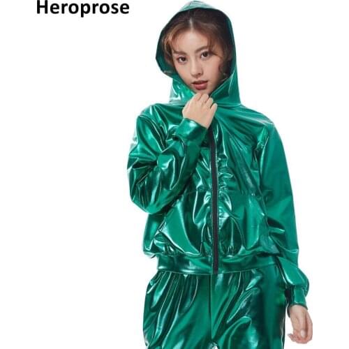 2019 Spring Autumn Kid Audlt Bomber With Pockets Jacket Green Stage Performance Paillette Feminina Casaco Hip Hop Dance Coat