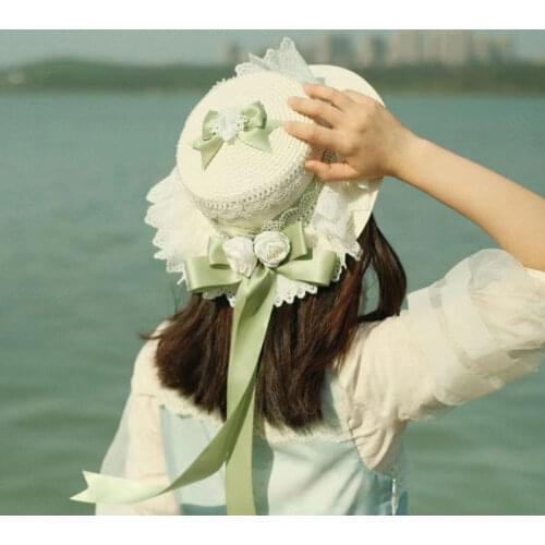Lolita Multi color Sweet Lace Long Flower Bowknot Ribbon Straw Hat Flat top Sunshade Hat Handmade Soft Girl Party Beach cap