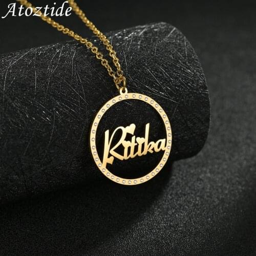 Atoztide Fashion Custom Personalized Circle Name Stainless Steel Necklaces Round Zircon Pendant for Women Jewelry Freeshipping