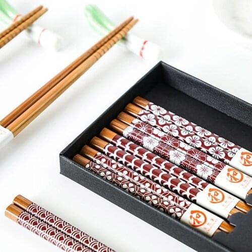 Reusable 5 Pairs Set Handmade Chopstick Bamboo Japanese Natural Wood Chopsticks Sushi Food Tumbler Flower Wooden Chop Sticks NEW
