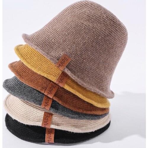 Bucket Hat Women Wool Knitted Solid Color Fisherman Hats For Women Warm Winter Hat Cap Leather Label Vintage Korean Gorros
