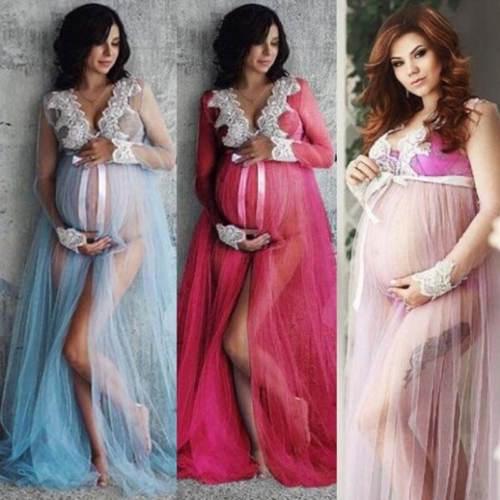 Pregnant Women Lace Up Long Sleeve Maternity Dress Ladies Maxi Gown Photography Photo Shoot Clothing Clothes