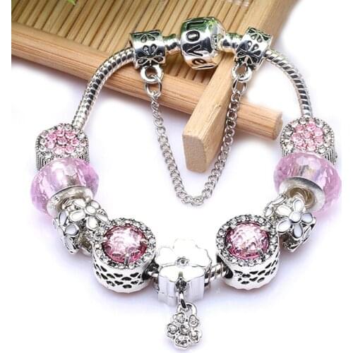 Silver Plated Crystal Beads Charm Bracelets With Flower Pendant Brand Bracelets Bangle for Women Lover DIY Jewelry Special Offer