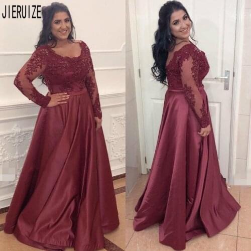 JIERUIZE Burgundy Evening Dresses Scoop Neck Long Sleeves Beaded Lace Appliques Plus Size Prom Gowns Button Back Formal Dresses