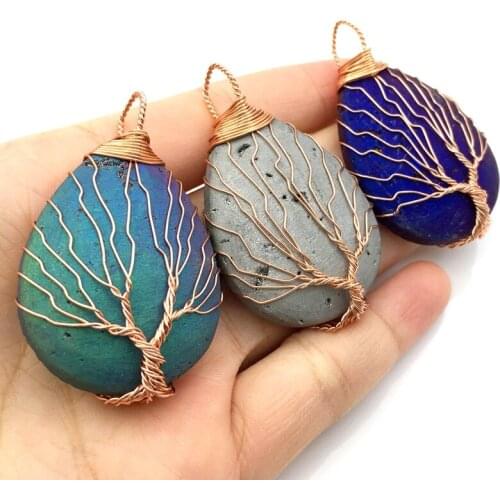 Natural Geode Druzy Agates Pendant Healing Crystal teardrop round shape Pendant with Wire Wrapped rose gold color Plated neck