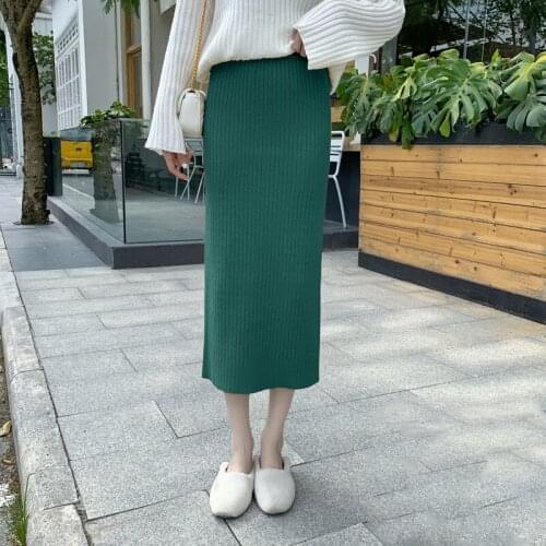 Autumn Winter Women Midi-Calf Knitting Elastic Waist Skirts Fashion Ladies Streetwear High Waist Solid Color Straight Skirt S283