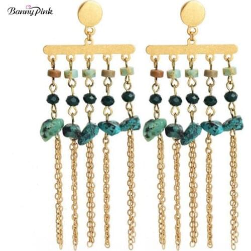 Banny Pink Bohemia Stone Beads Statement Drop Earrings For Women Chunky Layer Tassel Earrings Ethnic Long Pendant Dangle Earring