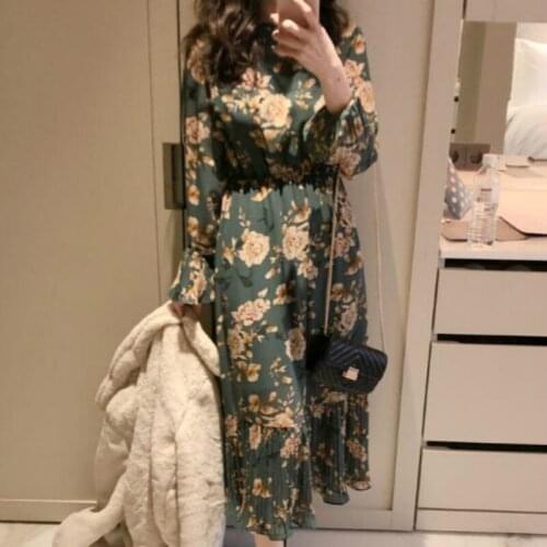 Women Spring Summer Long Floral Dress Long Flare Sleeve Elastic Waist A-line Ruffle Vestidos Vintage Plus Size Robe Femme