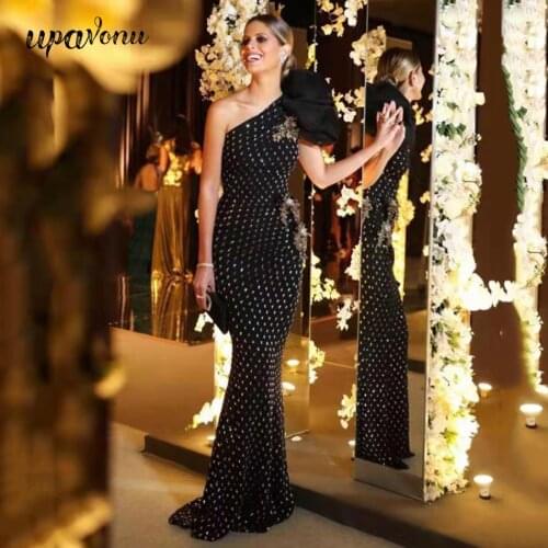Elegant Womens Long Dress Slant Shoulder Puff Sleeves Shiny Diamond Bodycon Dress 2020 Sexy Black Club Runway Dress Vestidos