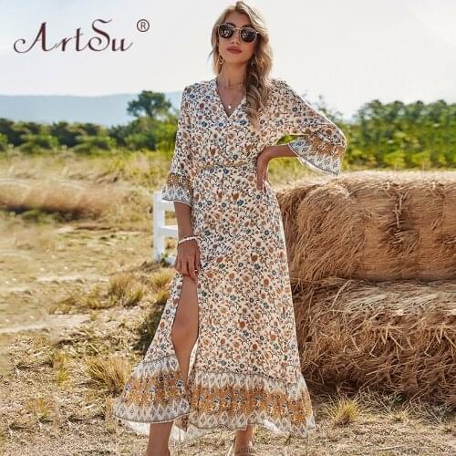 ArtSu Casual Floral Printed Spring Women Maxi Dress V-Neck Lace Up Beach Vestidos Fashion Loose Button A-Line Summer Dress