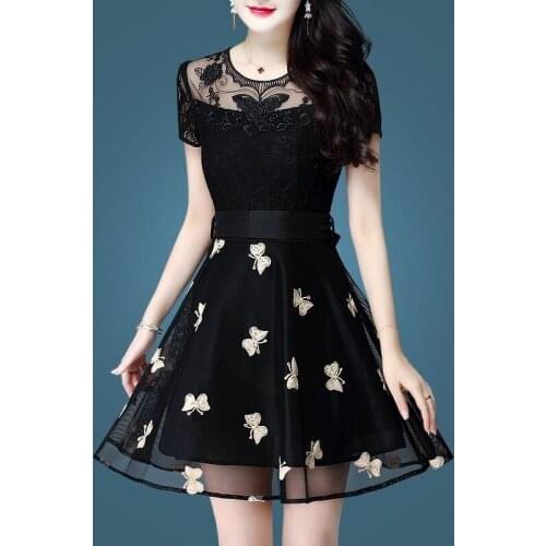 Embroidery Butterfly Laces Belt Summer Short Sleeve Scoop Knee-length A-line Black Chiffon Slim Vestidos Dress Women Party Dress