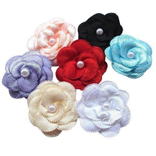 40pcs satin ribbon flower with pearl wedding diy appliques (multi)