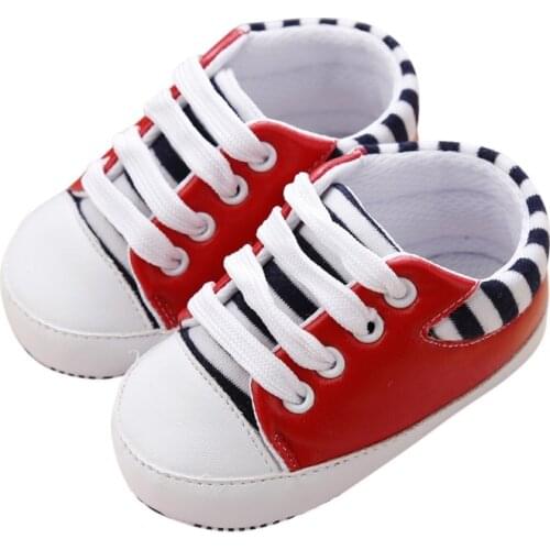 Infant Baby Striped PU Shoe Toddler Boy Girl Lacing Crib Shoes 0-12 Months New
