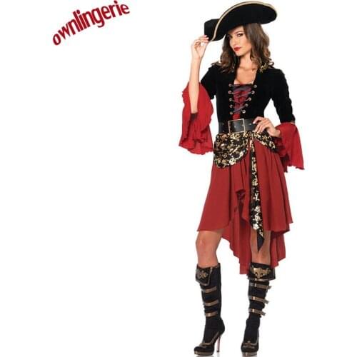 Free shipping gold stars style pirate costume,ruffled gangster fancy dress costume for women with pirate hat
