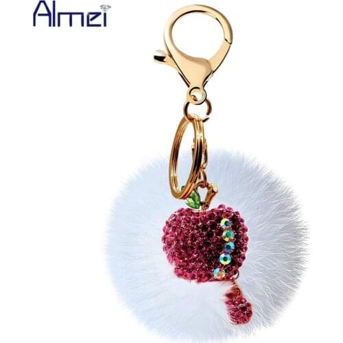 Almei Genuine Rabbit Fur Ball Bling Crystal Rhinestone Love Apple Alloy Keychain Car Phone Purse Bag Decoration Holiday Gift