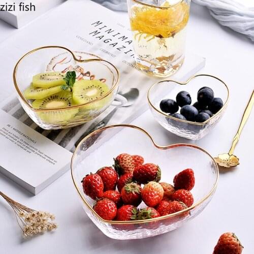 Fruit Salad Bowl Dessert Bowl Love Heart Gold Plated Breakfast Cup Household Tableware Heart Shaped Golden Frame Glass Bowl New