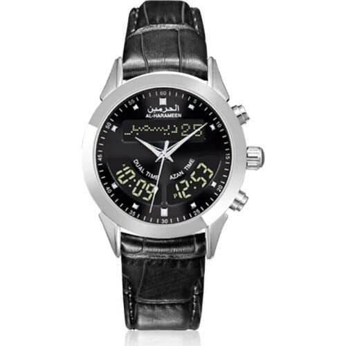 Azan Time Watch with Prayer Alarm Qibla Hijri Calendar For All Muslim Wristwatch AL Harameen Fajr Wrist Clock Genuine Leather