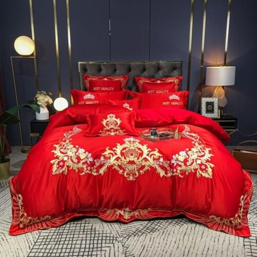 European Palace Golden Embroidery Red Satin Silk Cotton Wedding Bedding Set Luxury Duvet Cover Bedspread Sheet Pillowcases