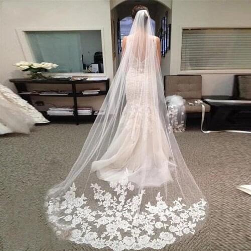 3M Bridal Veil with Comb Lace Appliques Edge Tulle Bride Veil One Layer White Ivory Wedding Accessories