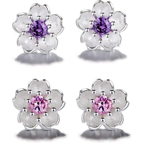 KISSLOVE Cherry Blossoms Flower Crystal Stud Earrings Silver Color Ear Studs Womens Fine Jewelry Mothers day Birthday Gift