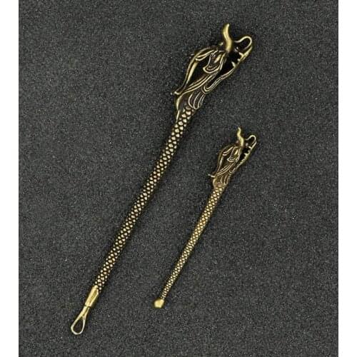 Collection Chinese Pure Brass Carved Dragon Head Earpick Exquisite Small Pendant Statue