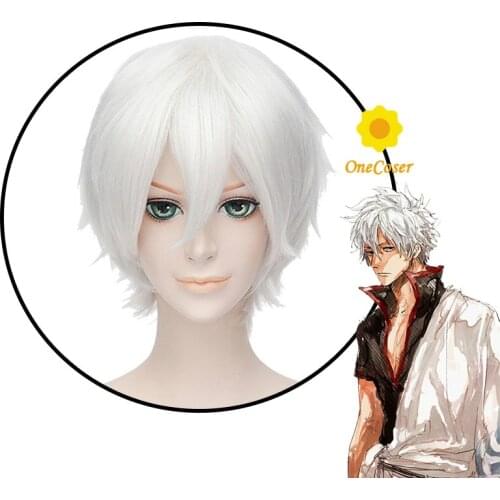 Anime Gintama Gintoki Sakata Cosplay White Short Wig Heat-resistant Fiber Hair + Wig Cap Halloween Party Role Play Men