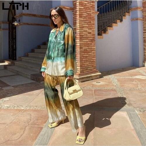 LTPH fashion streetwear tie-dye Outfits two piece set women loose shirt high waist casual trousers Pant Sets 2021 summer new