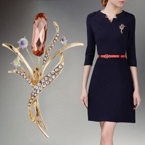 Fashion Rhinestone Champagne Brooch Pin Women Wedding Bridal Party Flower Crystal Bouquet Brooch Gifts