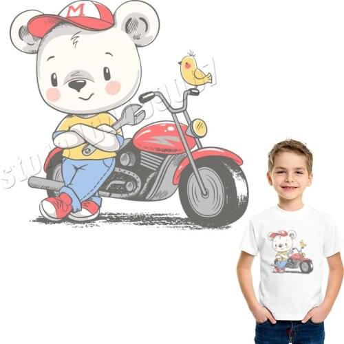 Bear Motor Patches Cartoon Decal Stickers Iron On Heat Transfer Handmade Custom Parches Kawaii Applique For T-Shirts