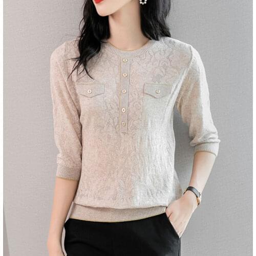 YISU Autumn Women Sweater Solid color Lace Hollow out O-Neck Casual Jumper Middle sleeve Knitted pullover Womens clothing