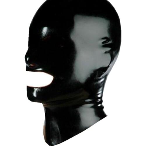 Full Face Unisex Black Latex Mask Back Zip Fetish Hood Open Mouth and Nose