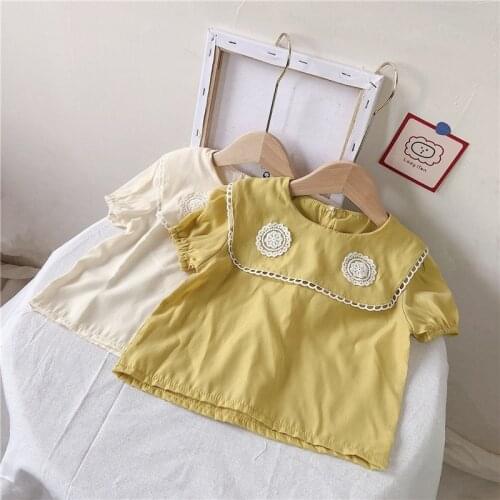 Girls Casual T-shirts Korean Fashion Kids Flowers Embroidery Lace Blouses Summer Chidlren Short Sleeve Solid Tops