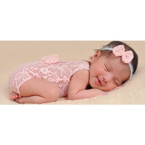 Newborn Infant Baby Bowknot Headband See Through Lace Romper Set Photo Prop Infant Photo Shooting Decoration Accessory