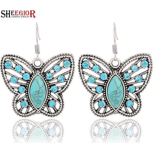 Lovely Butterfly Dangle Earrings women Accessories Vintage hollow insect Inlaid crystal turquoises Earring Fashion Gift Earings