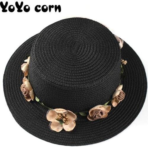 New Parent-child Summer New Womens Sun Hat Bucket cap beige lace Bowknot Flowers Ribbon Flat top Straw Hats Beach Caps Panama