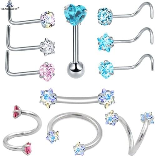 Bright Gem Round Heart Star Nose Piercing Helix Earring Barbell Tongue Piercing Tragus Piercing Ear Stainless Steel Body Jewelry
