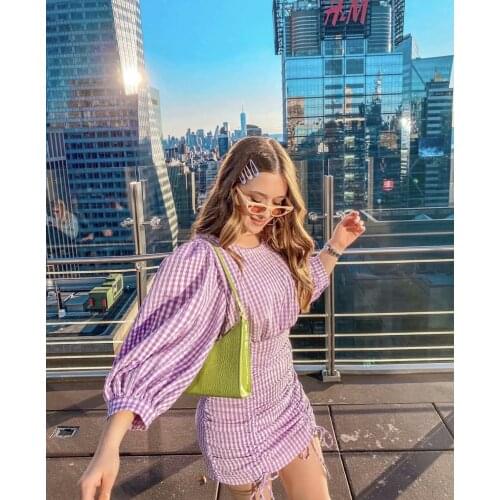 Zary Daisy new womens European and American puffy sleeves purple fresh temperament check round neck wrap pleated hip dress