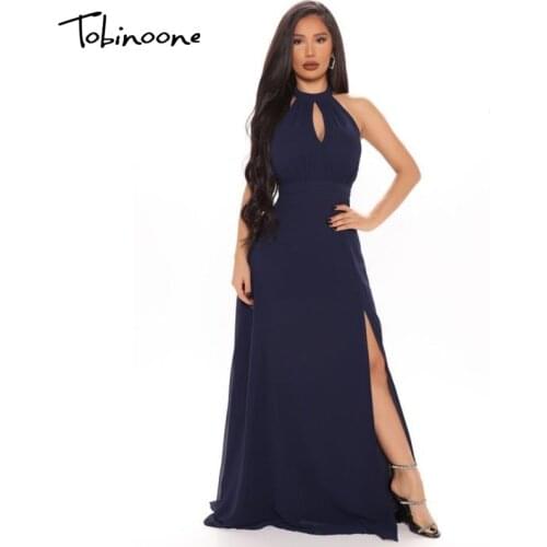Tobinoone Solid Halter Split Maxi Dress Women Lace Up Backless Sleeveless Sexy Dresses Hollow Out Ruched Evening Party Vestidos