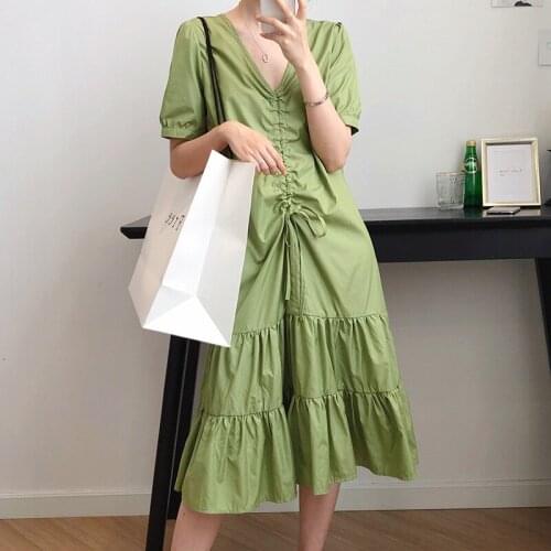 Avocado Green Dress Female 2020 Summer Pleated Matcha Green Super Fairy French Online Celebrity Long Skirt 8938