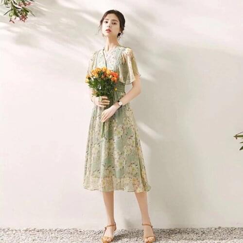 IVY HE Chiffon Printing Dress Women Cape Sleeve V-Neck A Line Flared Midi Lace Up Summer Womens Dress 2021 Traf Robe Femme ZA