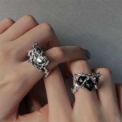 1PCs Vintage Harajuku Brambles Heart Adjustable Metal Punk Open Rings Hip Hop Gothic Geometric Couple Rings for Women Men Unisex