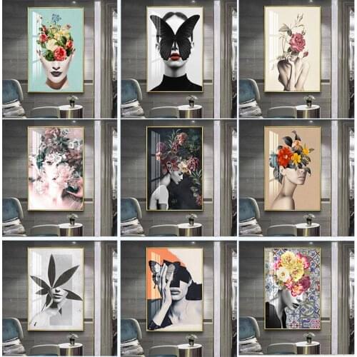 Abstract Flowers Head Woman Canvas Paintings Butterfly Girl Posters and Prints Wall Art Pictures Room Home Decoration Cuadros
