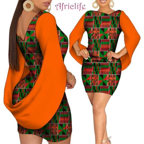 African Dresses for Women Cloak Sleeve Party Dress Runched Long Sleeve Slim Fit Club Bodycon Elegant Lady Mini Dress WY295