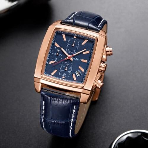 MEGIR Original Blue Leather Mens Watches Luxury Brand Business Wristwatch Army Military Wrist Watch for Men Clock Reloj Hombre
