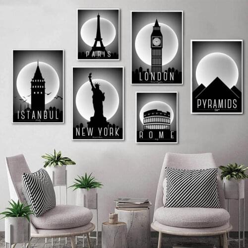 Black and White City Landmark Building Wall Art Paris London New York Posters and Prints Moon Canvas Painting Picture Home Decor