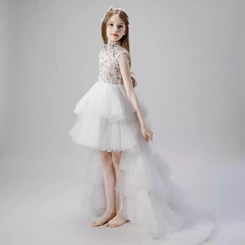 Flower Girl Dresses Short Illusion Embroidery High Princess Knee-Length Tulle Tiered Luxury White Elegant Kids Party Gown H490