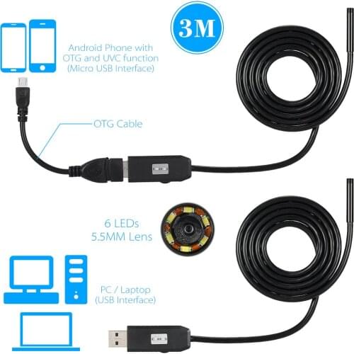 5.5MM Lens Endoscope IP67 Waterproof Inspection Borescope USB Wire Snake Tube Camera 6LEDS for OTG Android Smart Phones