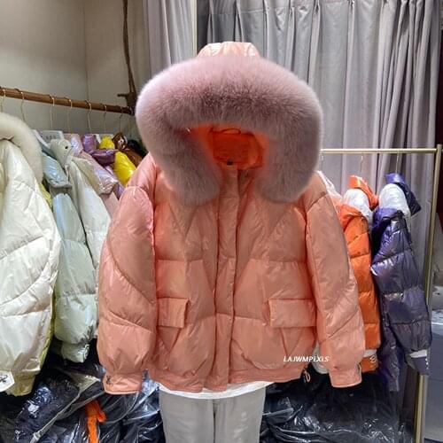 Glossy Waterproof Hooded Natural Fox Fur 90% White Duck Down Jacket Winter 2021 Loose Fashion Women Puffer Down Parka Snow Coat