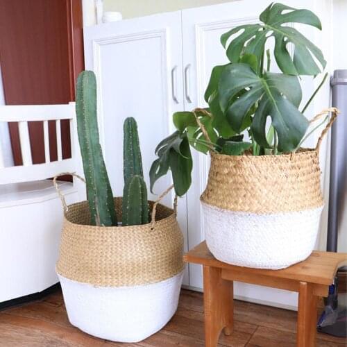 Hot Sale Handmade Natural Woven Straw Belly Storage Basket Garden Flower Plant Pot Folding Laundry Wicker Rattan Basket