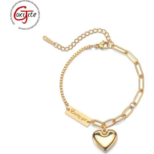 Goxijite Combination Chain Bracelet For Women Stainless Steel Love Heart and Lucky Card Bracelets On The Hand Jewelry Gift